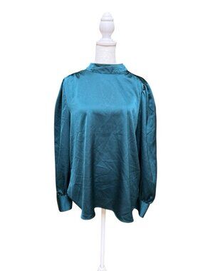 LOFT Emerald Green Blouse Tie Neck Puff Sleeve Top Size Medium